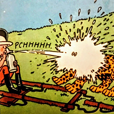 Tintin au Congo > Tintin repousse le léopard avec un jet d'eau de Seltz (Hergé)