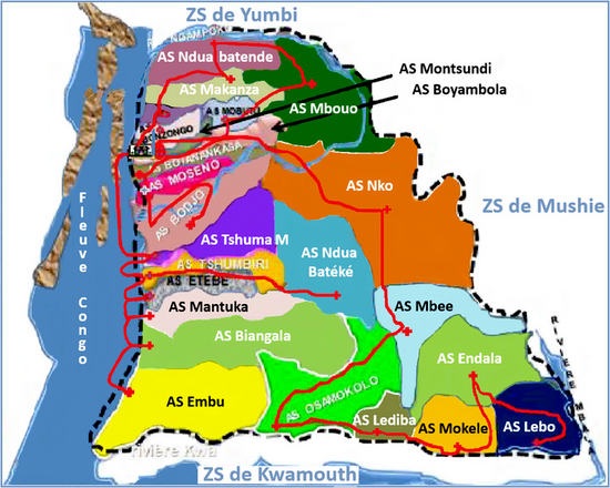 Carte des Aires de santé dans la Zone de santé de Bolobo (RDC)