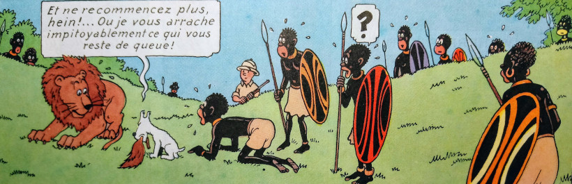 Tintin au Congo - Milou qui a pris l'ascendant sur le lion est idolâtré